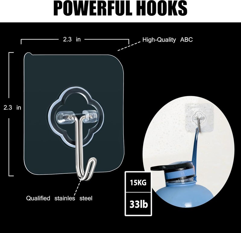 DKHDBD Adhesive Hooks, 32 Pack 33lb(Max) Sticky Hooks, Transparent Reusable Removable Adhesive Hooks for Hanging, Wall Hooks for Hanging Can be Use for Kitchen Bathroom Shower Outdoor Home Improvement - Image 2